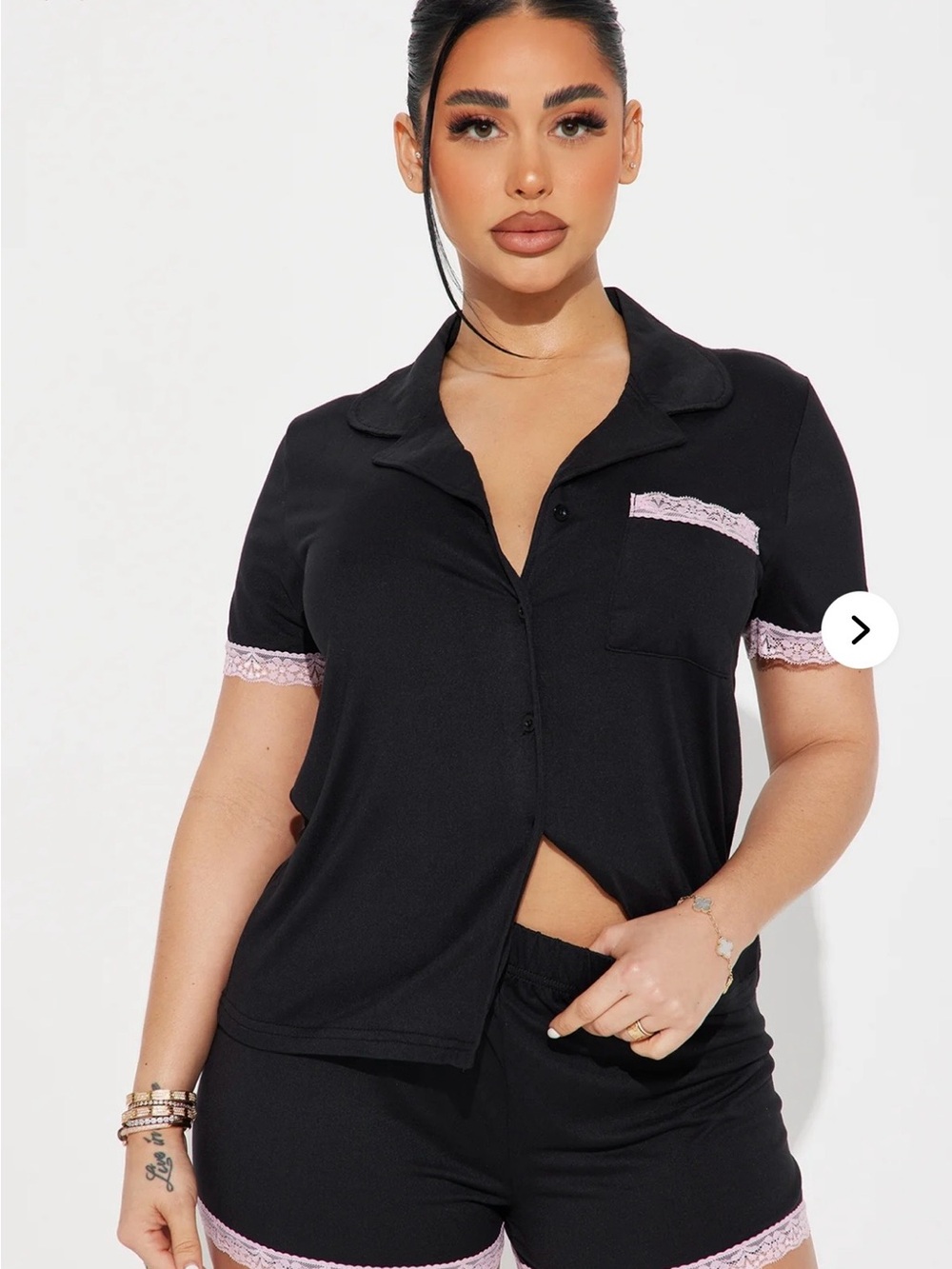 Fashion Nova Black Short Sleeve Pajama Set with Pink Lace Trim